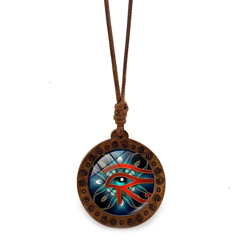 Eye of Horus Time Gem Pattern Wooden Base Pendant Retro Necklace Jewelry Small Gift