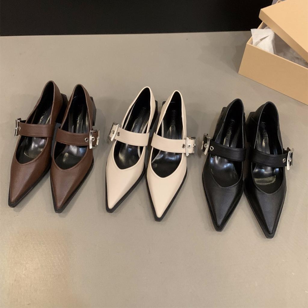 Pointed High Heels Black Mary Jane Single Shoes Women's Shoes 2025 New Spring, Autumn and Winter French Retro Small Leather Shoes