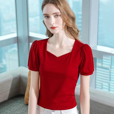 French Short-sleeved T-shirt for Women's Summer New Women's Solid Color Puff Sleeve Cotton T-shirt Retro Square Collar Waist Top