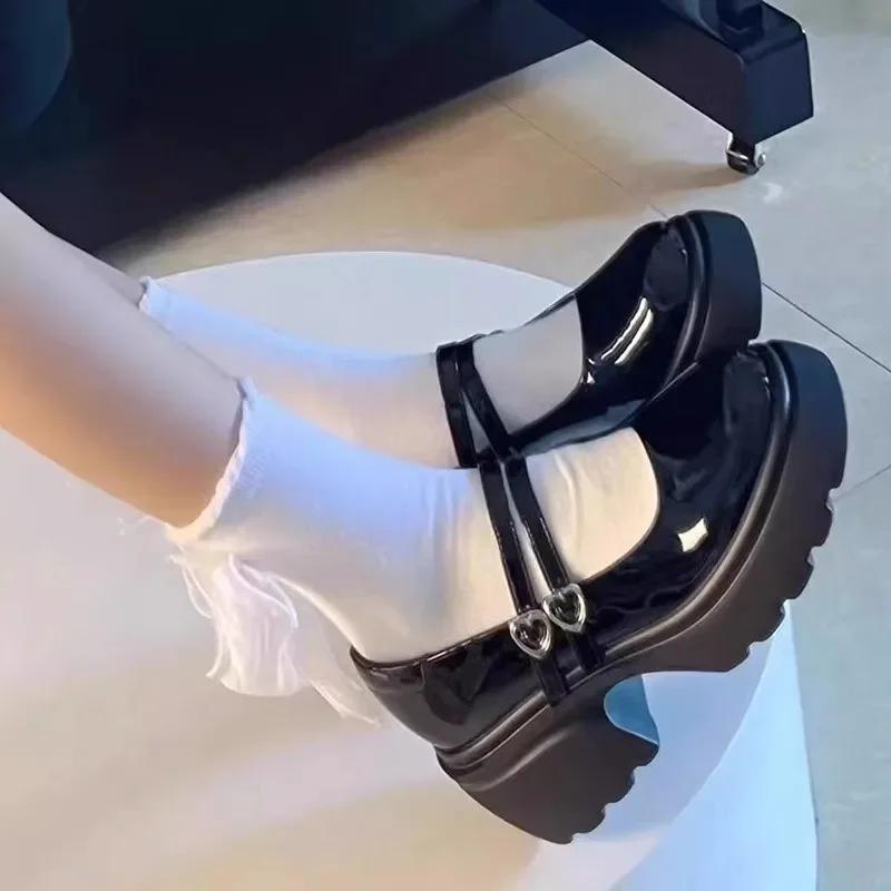 Women's Autumn New Style High Heel Boots with One-Piece Strap Cute Student Mary Jane Shoes Comfortable Polyester Material  Mujer