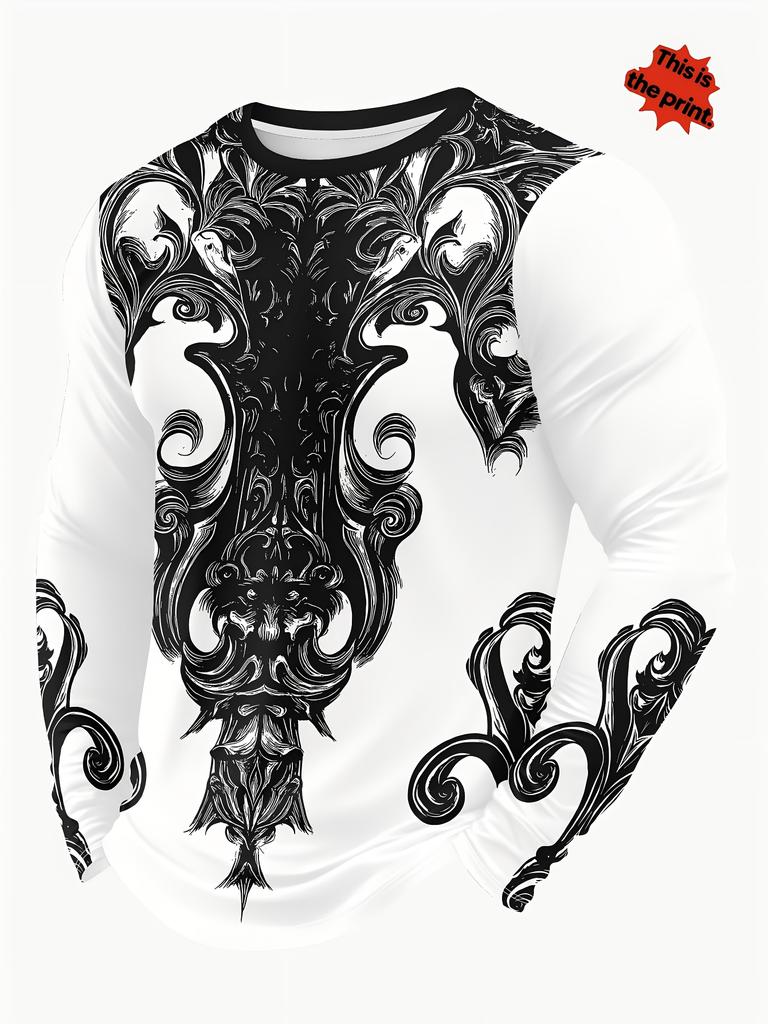 Print Design - Renaissance Long-Sleeve T-Shirt - Elegant black and white all-over print design, crew neck top