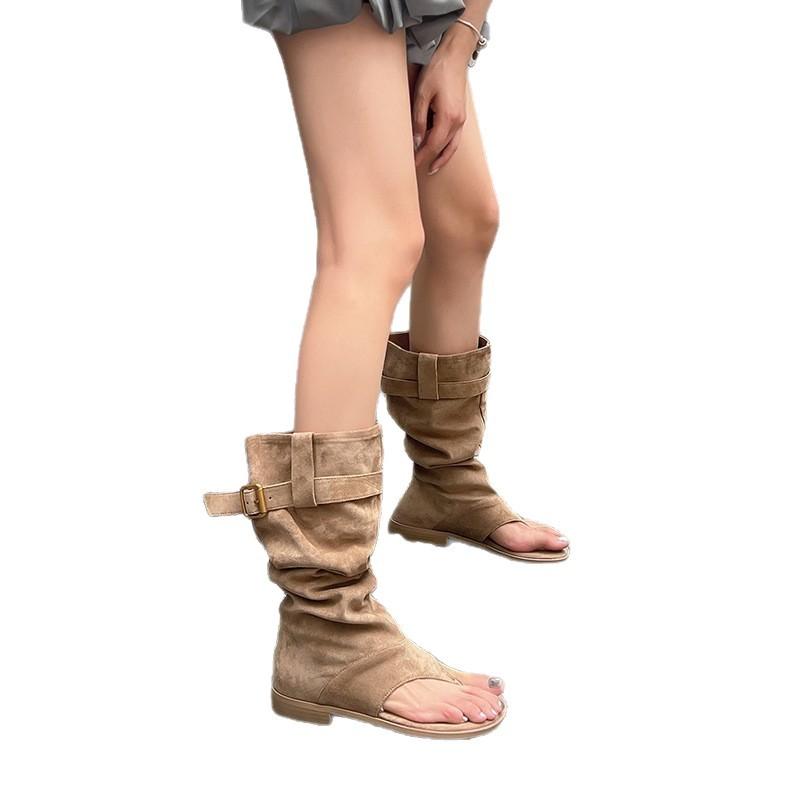Summer Boots Women's Medium Boots 2025 New Toe Cool Boots Inner Heightening Pile Boots Summer Boots Apricot