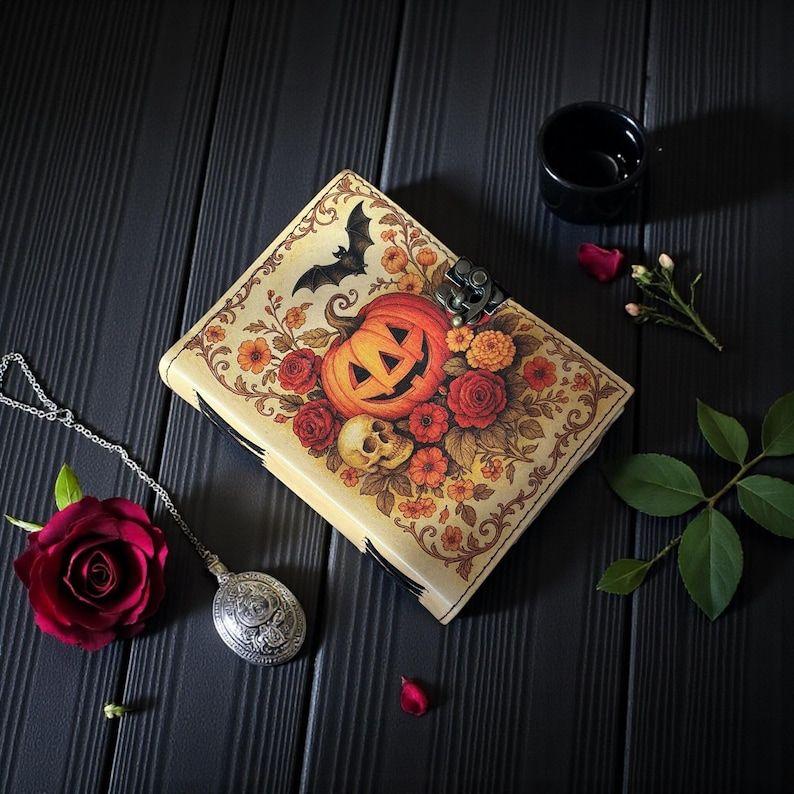 `Handmade Halloween Pumpkin Leather Journal | Floral Witchy Grimoire Notebook | Vintage Notebook with Lock Closure