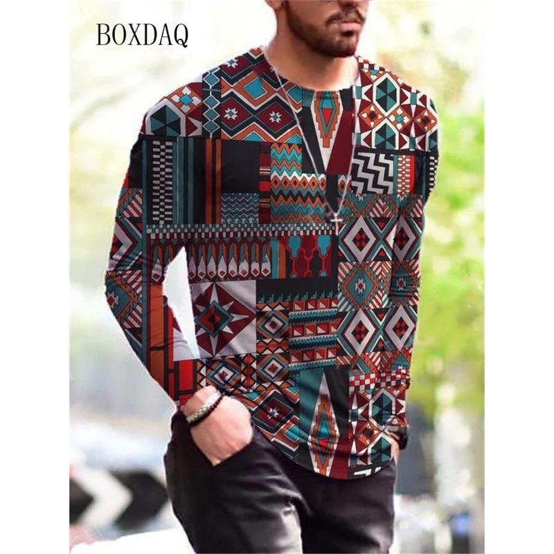 Langarm T-Shirts für Herren im Vintage-Stil Frühling Herbst 3D-Druck Street Übergroße Oberteile 6XL Übergröße Locker Lässig Rundhals T-Shirt