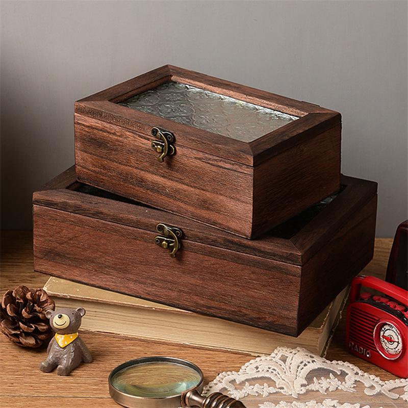 Crabapple Flower Glass Retro Wooden Storage Box for Desktop Sundries and Dressing Table Decor