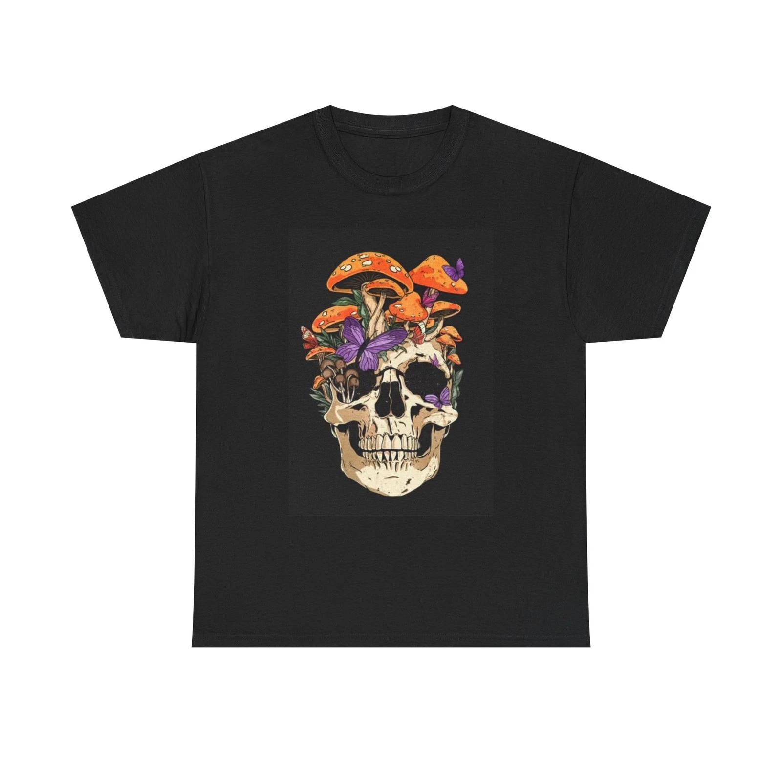 Mushroom Trippy Skull Graphic T Shirt Retro ART Unisex Heavy Cotton Tee 4XL