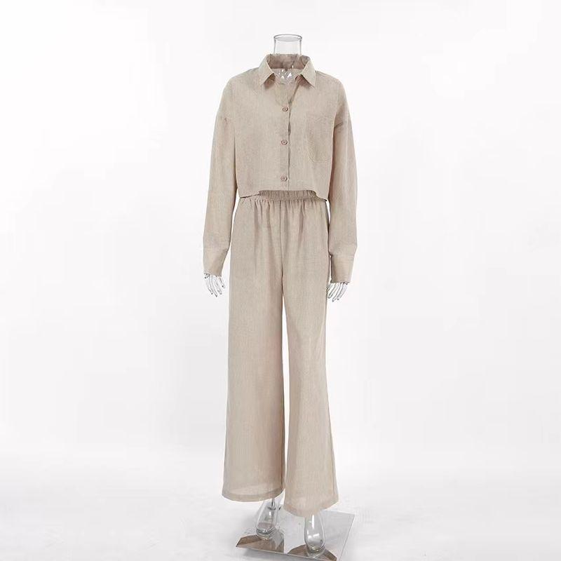 

Fashion Wind New Arrival Fashion Long Sleeve Shirt Pants Suit Short Shirt and Long Pants Set Khaki L