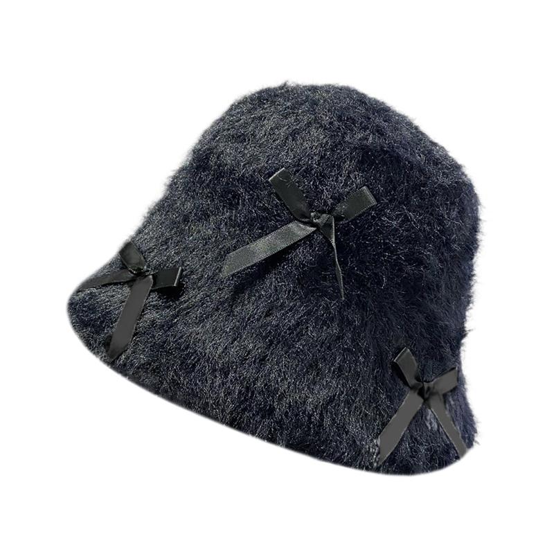 Rabbit Fur Bow Plush Bucket Hat Female Autumn and Winter Big Head Circumference Showing Face Small White Bucket Hat Warm Hat Tide