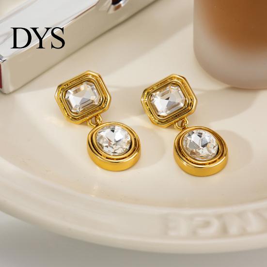 Retro Themed Outfit Accessories 1 Pair Faux Crystal Geometric Dangle Earrings for Women, Vintage Style Gold Plated Jewelry Stainless Steel Drop