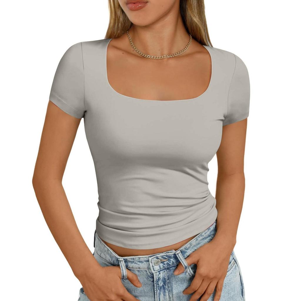 Moda Donna Casual Slim Manica Corta Scollo Quadrato Camicia Base Capispalla Top