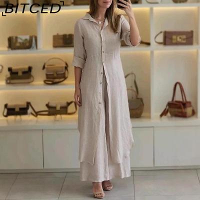 Spring/Summer Casual Linen Set for Women Elegant Long-Sleeved Top with Wide-Leg Trousers Two-Piece Ensemble