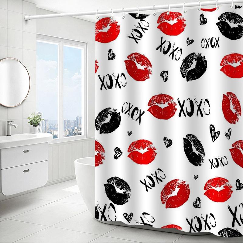 1pc Lip Kiss Print Shower Curtain, Polyester Fabric, Machine Washable, Suitable for Bathroom Decoration