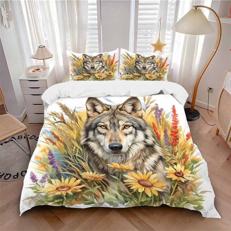 3pcs Wolf Amidst Sunflowers and Lavender Quilt Set - Soft and Comfortable Bedroom, Guest Room and Dorm Decor Bedding Set J097