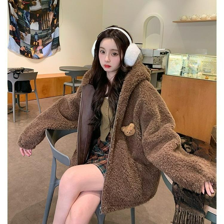 Bear Ears Lamb Wool Sweater Women's Cardigan Zipper Autumn and Winter Woolen Lazy Wind Jacket Women