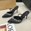 Summer new pointed rhinestone high heel fine heel champagne one word with sandals half drag cool slippers outer wear women