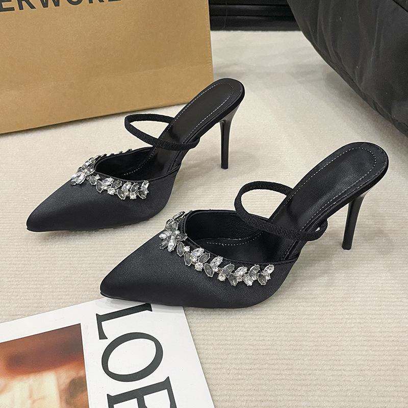 Summer new pointed rhinestone high heel fine heel champagne one word with sandals half drag cool slippers outer wear women