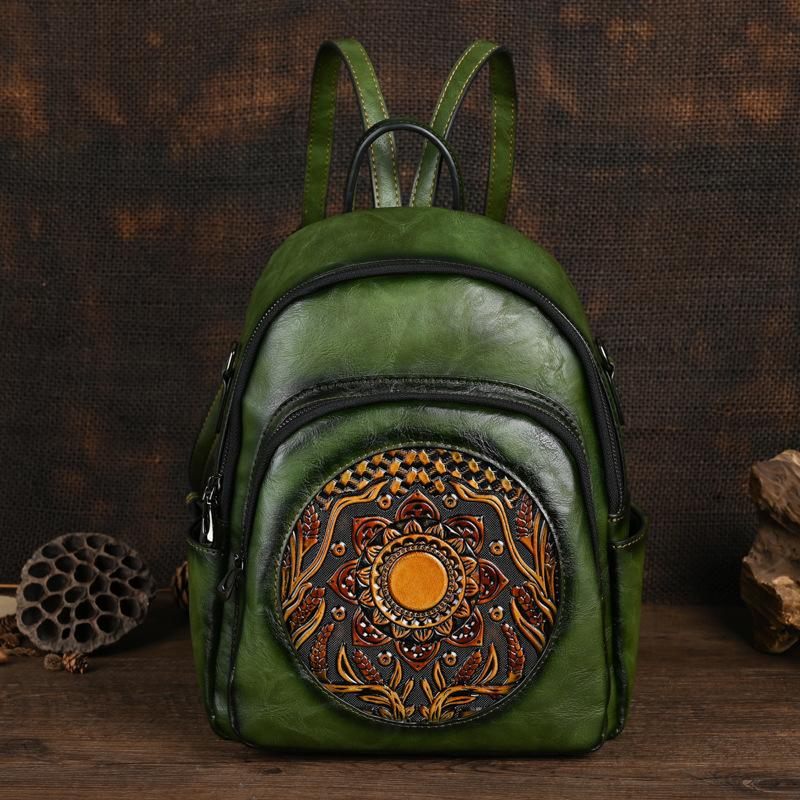 Johnature Zaino da donna vintage fatto a mano con totem in rilievo, grande capacità, borse da viaggio per il tempo libero