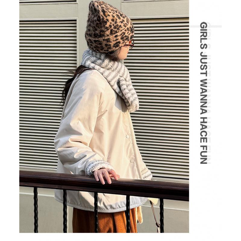 Women's Short Winter Double-Sided Lambswool Cotton Jacket - Korean Style, Casual, Loose Fit, Round Neck.