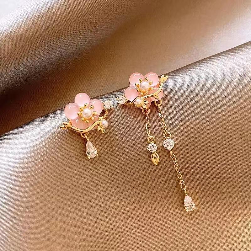 

Сладкие розовые серьги с кисточками для женщин, элегантные асимметричные висячие серьги с жемчугом и персиком, ювелирные изделия для свадебной вечеринки CHINA