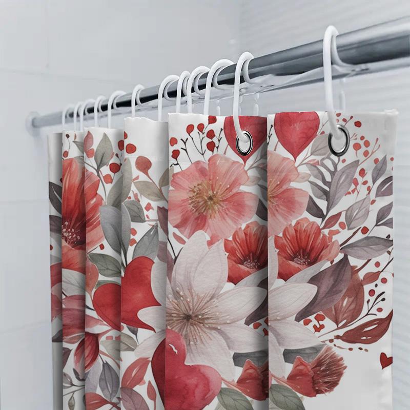 Watercolor Floral And Heart Print Shower Curtain For Bathroom Decoration