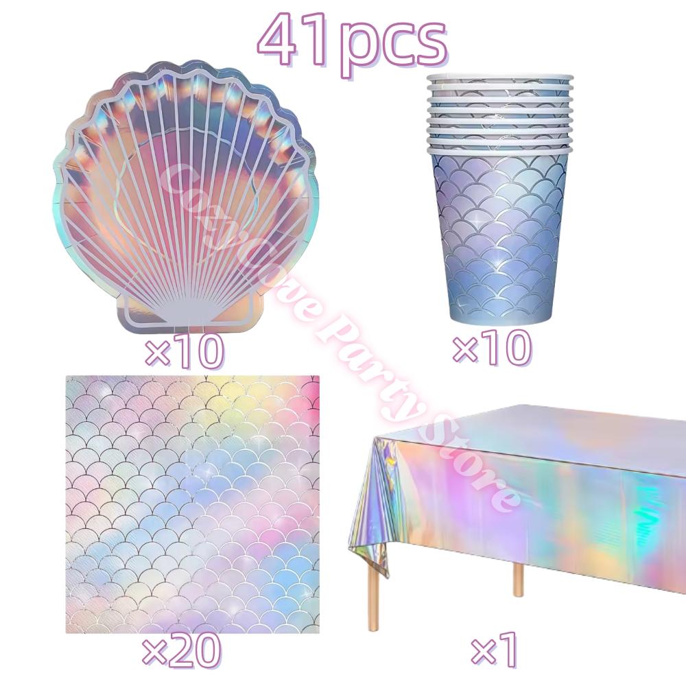 Mermaid Birthday Party Decoration Tableware Set Gradient Mermaid Plates Cups Napkins Balloons For Kids Girls Party Favors Gifts
