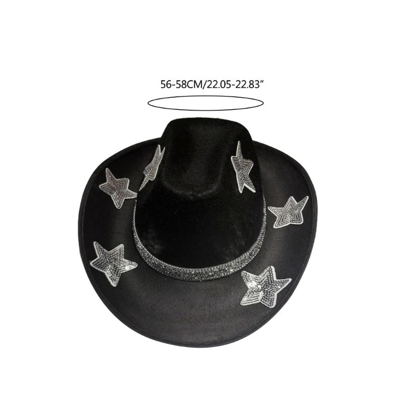 Thick Windproof Cowboy Hat with Sequins Star Pattern Rolled Brim Felt Cowboy Hat
