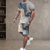 Men Plus Size Printed Round Neck Short Sleeve Top Pocket Shorts Two Piece Set