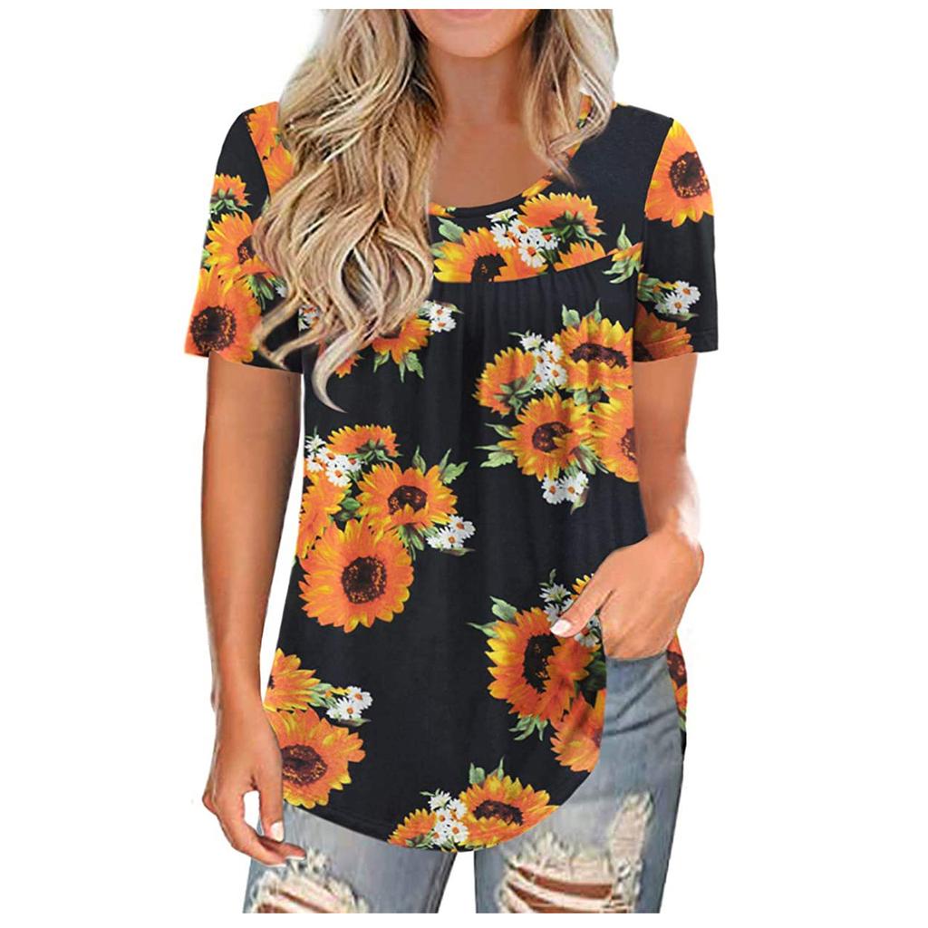 Fashion Women Plus Size Round Neck Print Short Sleeve Casual Pullover Tops