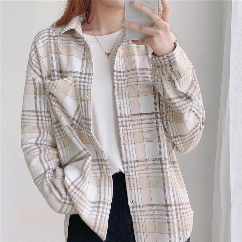 Rutig Skjorta Dam Retro Förtjockad Borstad Långärmad Lat Stil Lös Topp Jacka Trendig