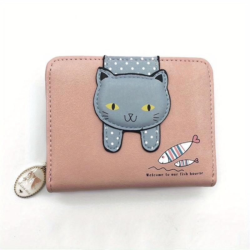 Adorable Cartoon Cat Design Women's Short Wallet with Zipper for Coins and Cards.