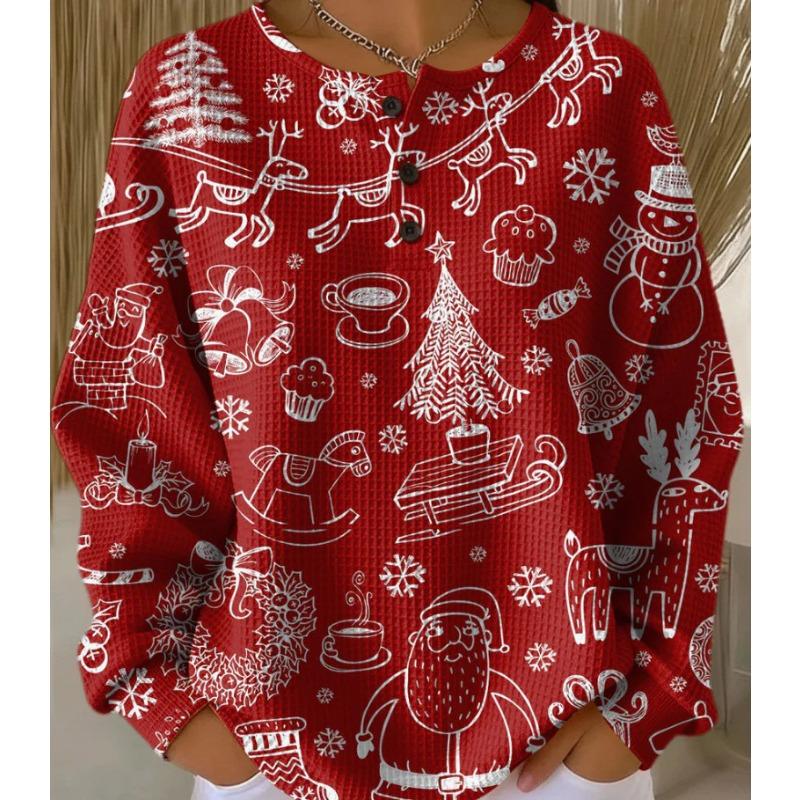 Women Christmas Tree Print Round Neck Henley Long Sleeve Waffle Knit Top