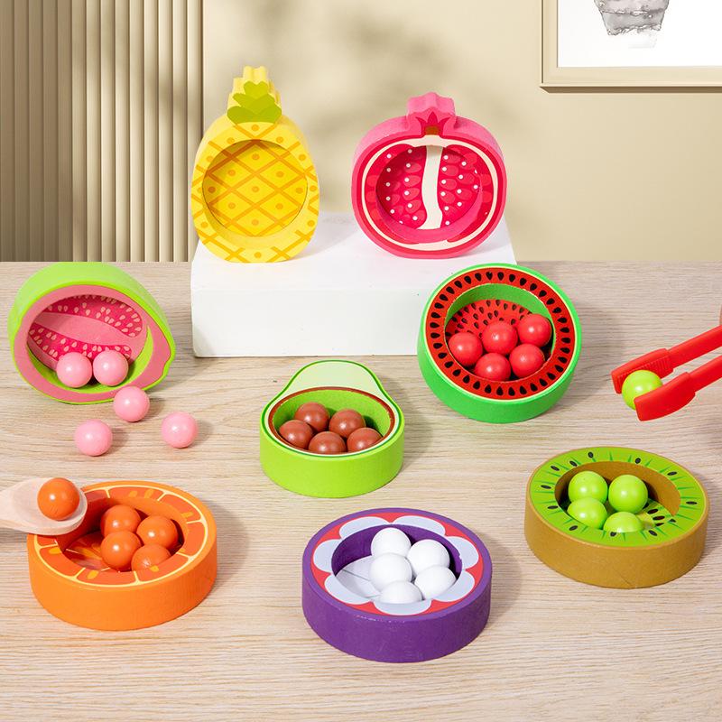 Kids' Wooden Fruit Color Sorting Plate & Bead Clamping Educational Toy for Sensory Training