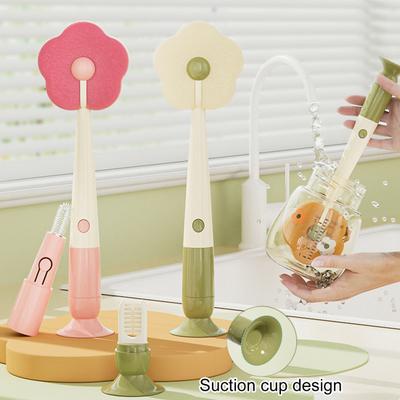 Cleaning Brush with Suction Cup Base Removable Flower Sponge Head Three-in-One Functions Multi-functional Cleaning Brush