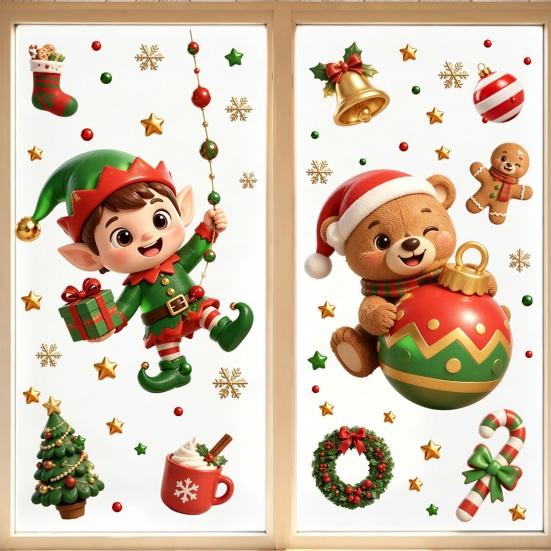 Holiday Atmosphere Window Films 2PCS Christmas Static Sticker, Cute Cartoon Elves And Bears Reusable Seasonal Art Print, PVC Glass Stickers