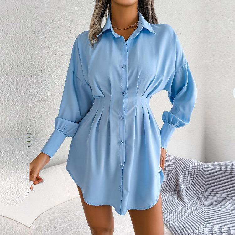 Women Autumn Winter High Waist Asymmetric Dress Shirt Solid Color Lantern Sleeve Lapel Neck Dress