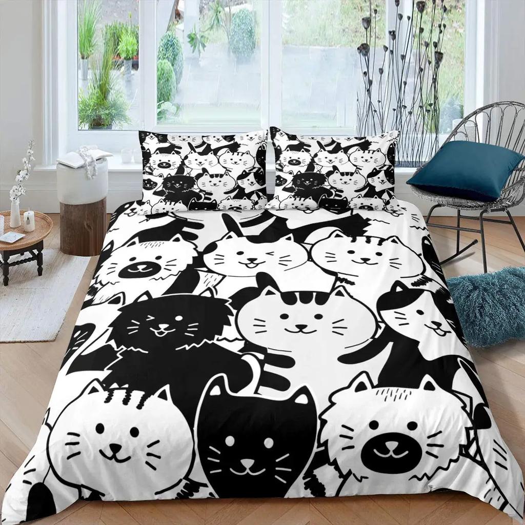 Cat Duvet Cover Set Cute Cartoon Cat Twin Bedding Sets for Boys Girls Animal Cat Pattern Queen King Size Polyester Qulit Cover