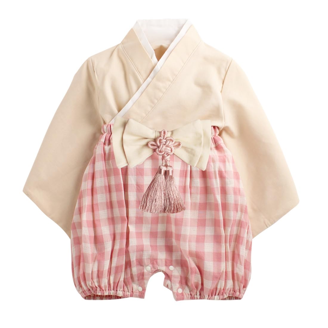 

SLINX Baby Kimono Romper with Hakama for Girls and Boys, Perfect for Shrine Visits and 100th Day Celebrations, HF023 (Beige Pink, Size 70)