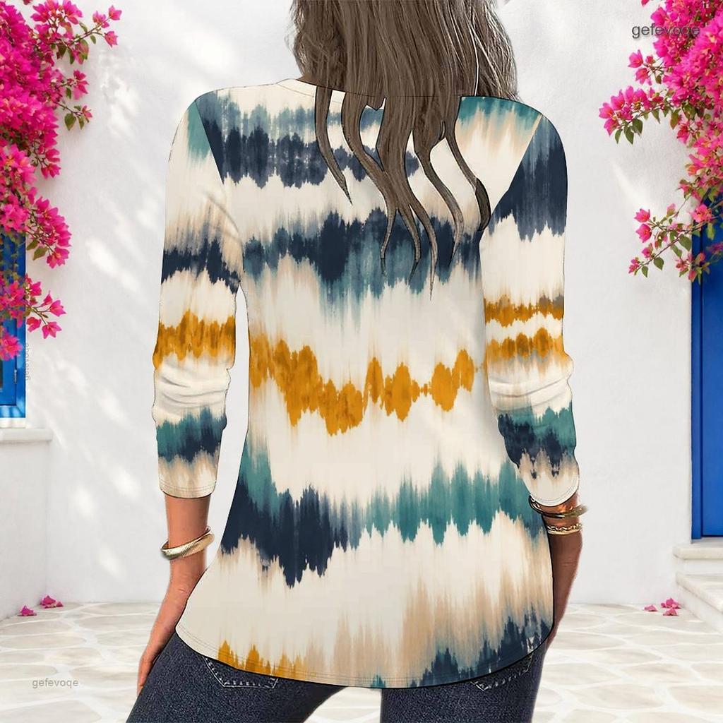 Women Plus Size Round Neck Long Sleeve Tie Dye Striped Printed Pullover Sweatshirt