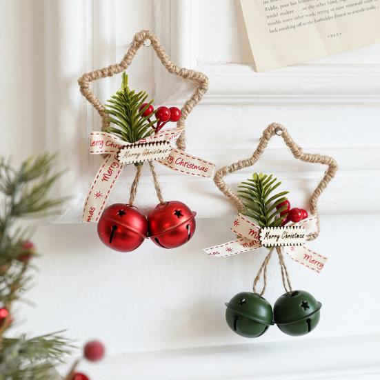 Christmas Jingle Bell Rustic Iron Door Hanging Star Bell with Bow Pine Picks Red Berry for Christmas Wreath Gift Wrapping Craft Home Decor