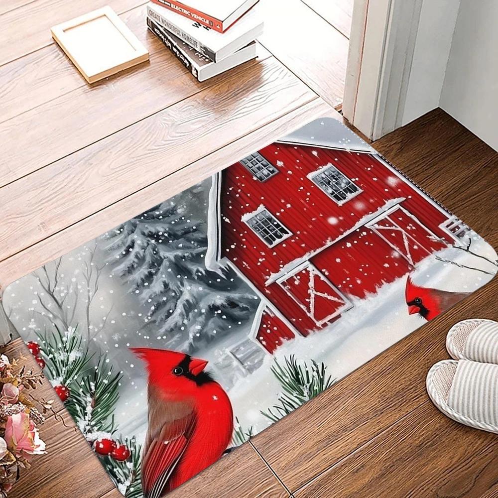 Christmas Red CardinalBird Print Welcome Door Mat Non Slip Bedroom Bathroom Kitchen Doormat Polyester Home Carpet Decor  Doormat