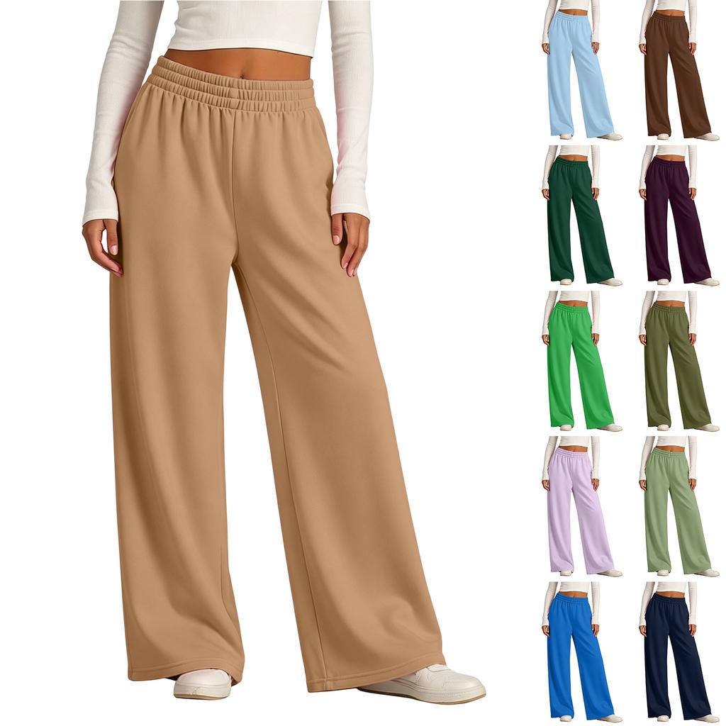 Women's Lined Wide Leg Sweatpants with High Elastic Ribbed Waistband for Casual Wear