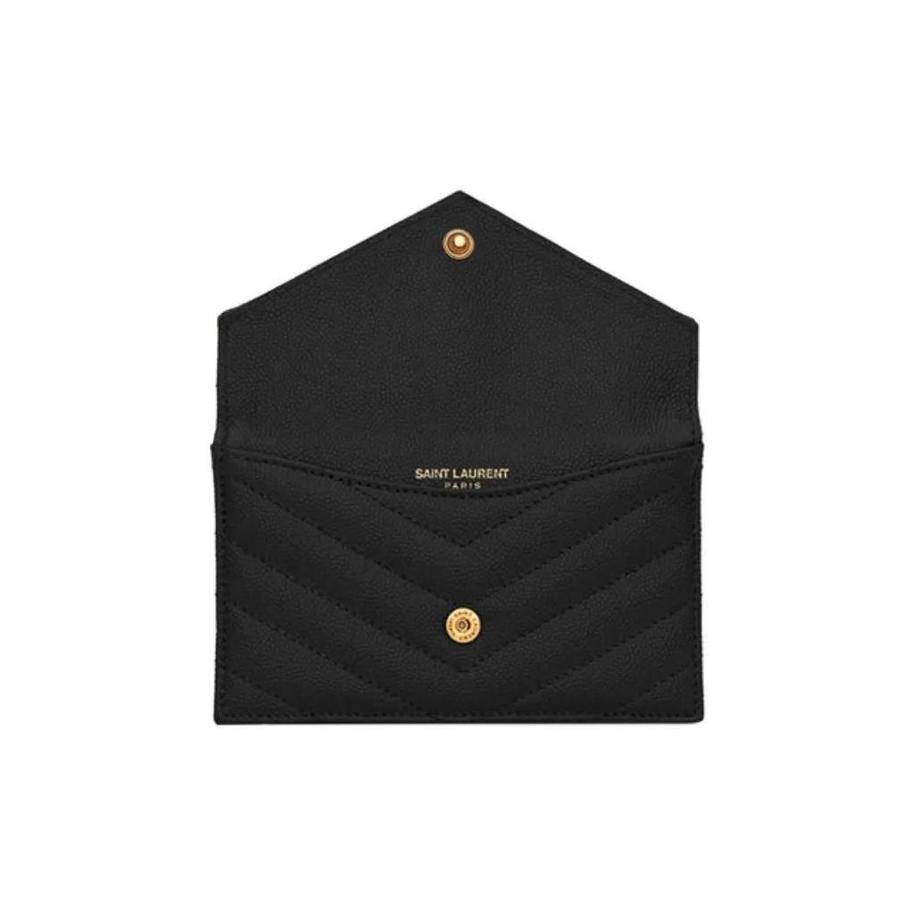 SAINT LAURENT YSL Gold Logo Grain Embossed Quilted Zipper Cowhide Leather Coin Purse Card Holder Women's Black