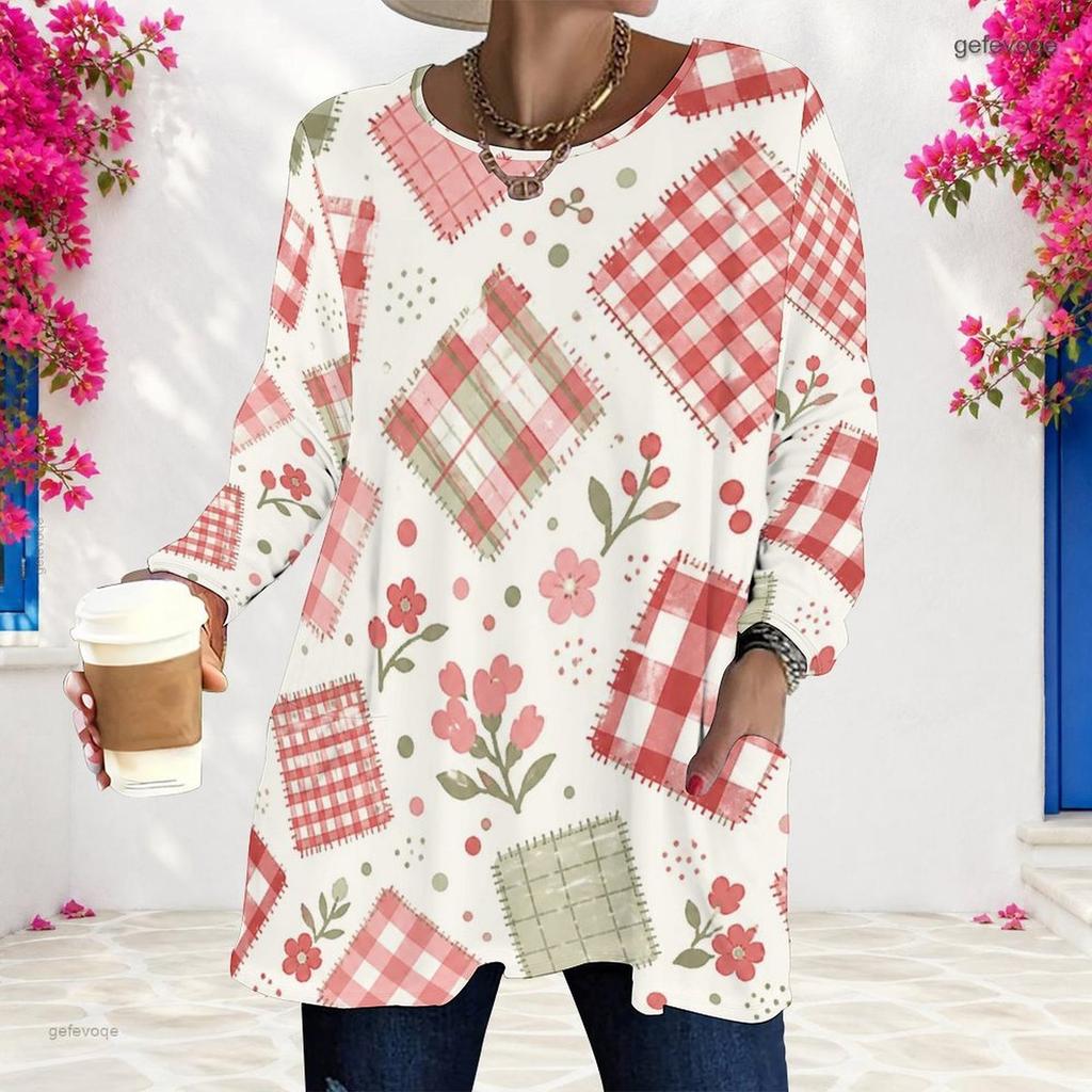 Women Plus Size Round Neck Long Sleeve Floral Plaid Printed Loose T Shirt With Pockets