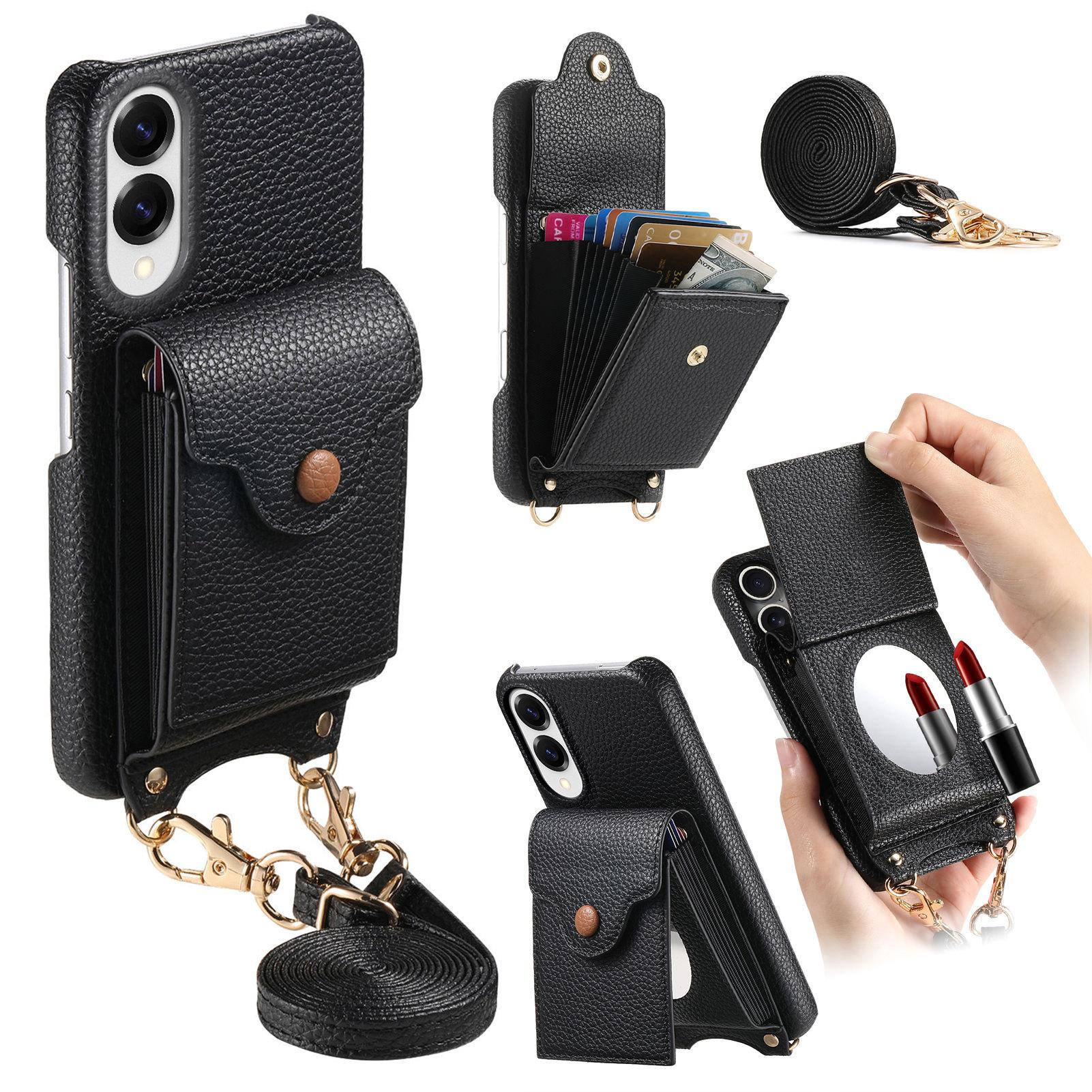 

For Samsung Galaxy S25 Edge Case Mirror Card Holder Litchi Texture Leather Phone Back Cover with Long Strap Black