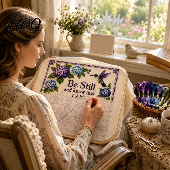 Stamped Cross Stitch Fabric Hummingbird Hydrangea Embroidery Kit Garden Faith DIY Kit Easy for Beginners with Psalm Fabric Beginner Hand Craft