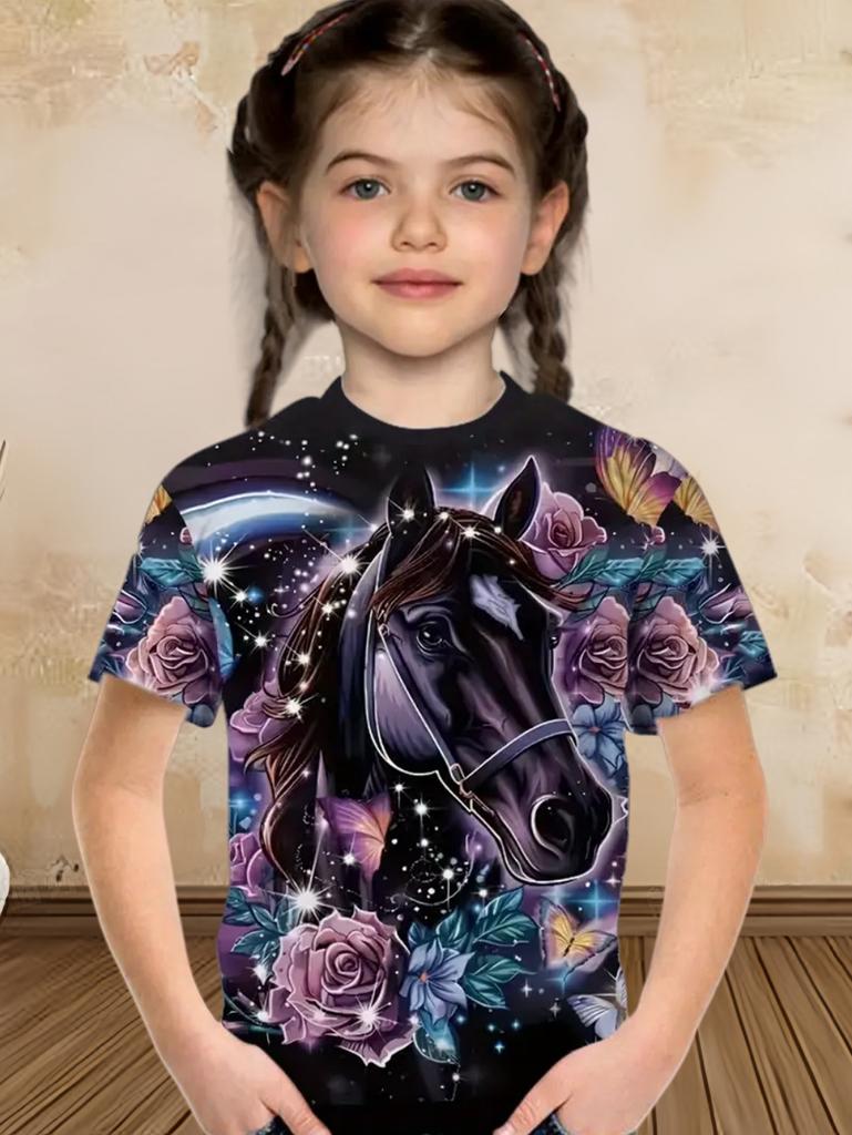 Children's clothing, girls' short-sleeved T-shirts, boys' casual retro horse print children's summer clothing, girls' tops, round neck T-shirts