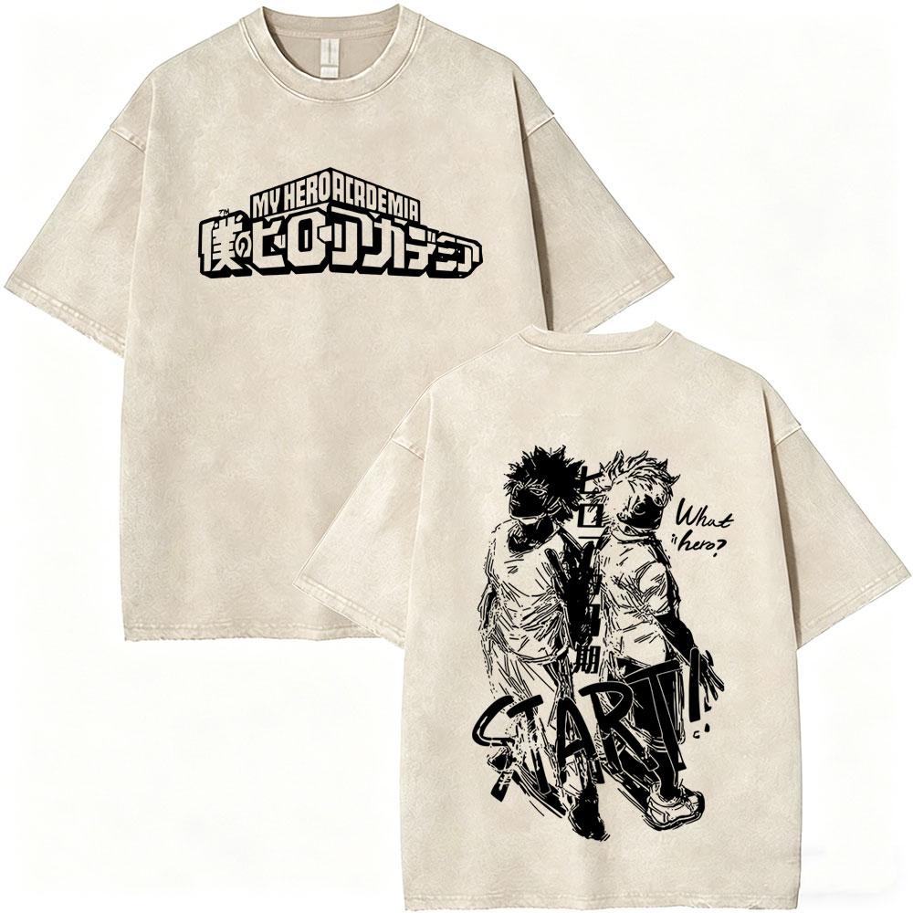 Washed Vintage Anime My Hero Academia Midoriya Izuku and Bakugou Katsuki Merch T Shirt Men Women Casual Retro Oversized Tshirts