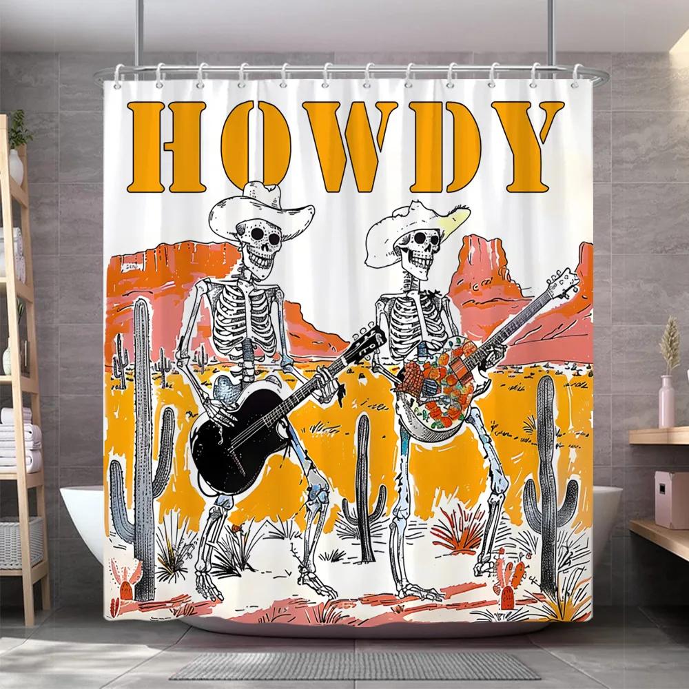 Vintage Western Schädel Gitarre Duschvorhang Lustiger Skelett Cowboy Howdy Gotisch Wilde Natur Wüste Duschvorhang Badezimmer Dekor