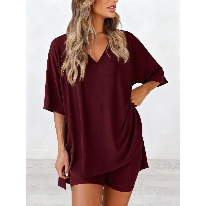 Damen V-Ausschnitt Kurzarm Oversize Oberteil Elastische Taille Taschenshorts Loungewear Schlafanzug Set Lässiges Zweiteiliges Outfit