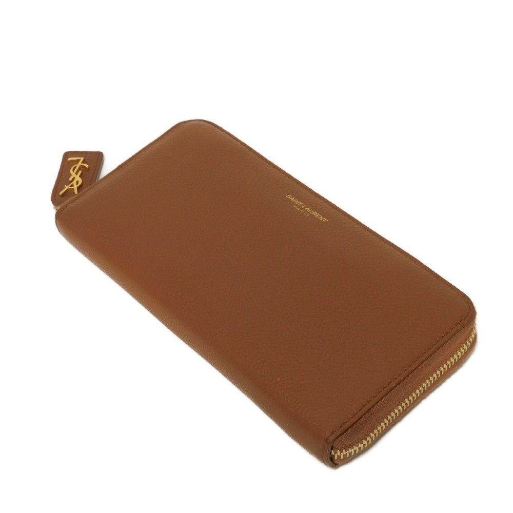 Used YSL Full Zip Wallet 9921 414680 B680J 6309 7940 Calfskin Brown Zip Around Logo Foil Stamp Brick Unisex from Japan
